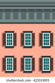 Vector illustration. Seamless building facade background. Cartoon and flat style.