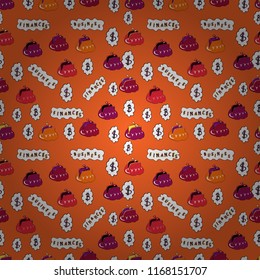 Vector illustration. Seamless business pattern. Seamless pattern with bitcoin and dollars on orange, white and purple background. Use for logos, print products.