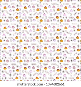 Vector illustration. Seamless business pattern. Use for logos, print products. Seamless pattern with bitcoin and dollars on yellow, white and neutral background.