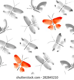 Vector illustration of seamless with butterflies in sumi-e  technique