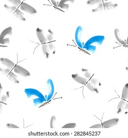 Vector illustration of seamless with butterflies in sumi-e  technique