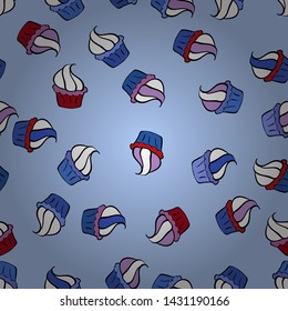 Vector illustration. Seamless cakes pattern. Food elements colorful repeated wallpaper on white, blue and neutral. Abstract backdrop for girls, wrapping paper.