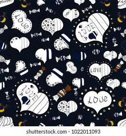 Vector illustration. Seamless Calligraphic text and special trendy love heart design for Happy Valentine':s day vintage, card, poster background. Romantic background on gray, white and black colors.