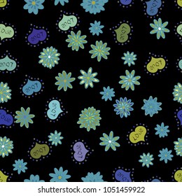 Vector illustration. Seamless Calligraphic text and special trendy love heart design for Happy Valentine':s day vintage, card, poster background. Romantic background on black, blue and green colors.