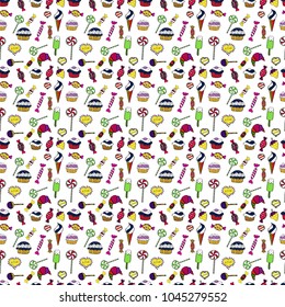 Vector illustration. Seamless. Candy store. Sweets and candles, line drawings.