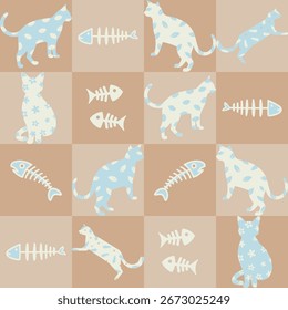 Ilustração vetorial de padrão sem costura de gato e espinha de peixe para fundo e decoração.
