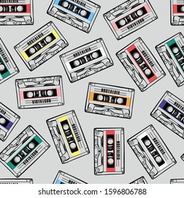 Vector illustration of seamless chaotic pattern with a lot of motley music cassettes drawn with a tablet, endless texture in retro style, 90's, 80's. Rap, pop, rock, disko music, fashion design