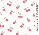 Vector illustration. Seamless cherry pattern on a light background. Fruit summer design for fabrics, wallpapers, textiles, wrapping paper, summer background, fruit harvest