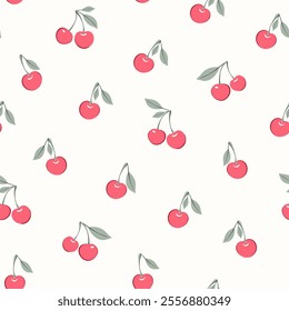 Vector illustration. Seamless cherry pattern on a light background. Fruit summer design for fabrics, wallpapers, textiles, wrapping paper, summer background, fruit harvest