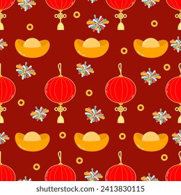 Vector illustration. Seamless chinese new year pattern with hand drawn  celebration background elements such as , cloud, fireworks.