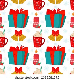 Vector illustration of a seamless Christmas background with elements of parties and celebrations, such as a gift, a bell, a candle and a coffee mug. Stock illustration. New Year's pattern.