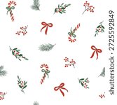 Vector illustration. Seamless Christmas pattern with fir branches, red bows, berries on a white background. Print on textiles, for packaging, fabric design, sublimation printing, New Year.