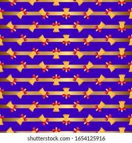 Vektorillustration. Nahtloses Weihnachtsmuster mit goldenen Glocken und Streifen auf blauem Hintergrund.
