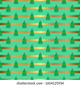 Vector illustration. Seamless Christmas pattern with Christmas tree and golden stripes on green background.