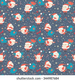 Vector illustration Seamless Christmas pattern with Cute Santa Claus, presents and candy  in snow.