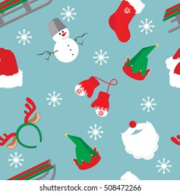 Vector illustration seamless christmas pattern with santa claus, reindeer horns, mittens, snowman, gnome hat, christmas sock and sledge
