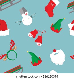Vector illustration seamless christmas pattern with santa claus, reindeer horns, mittens, snowman, gnome hat, christmas sock and sledge