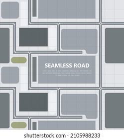 Vector illustration of seamless cityscape with clear roadway background in cartoon flat style.