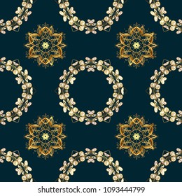 Vector illustration. Seamless classic vector golden pattern. Traditional orient ornament. Classic vintage background. Seamless pattern on blue, beige and brown colors with golden elements.