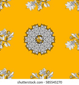 Vector illustration. Seamless classic vector white pattern. Seamless pattern on yellow background with white elements. Traditional orient ornament. Classic vintage background.