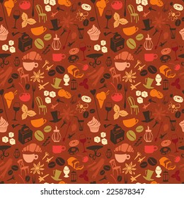 Vector illustration Seamless coffee pattern with latte, cappuccino, pies, donuts,  croissants, cups, glasses and other cafe objects