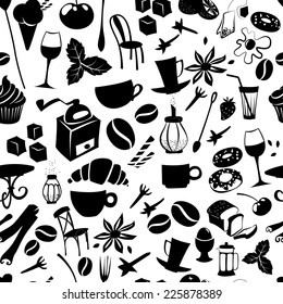 Vector illustration Seamless coffee pattern with latte, cappuccino, pies, donuts,  croissants, cups, glasses and other cafe objects