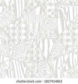 Vector illustration of seamless collage zebra, chevron mixed pattern  skin, stripes . Animal print, black and white detailed and realistic texture. Monochrome seamless background. Vector 