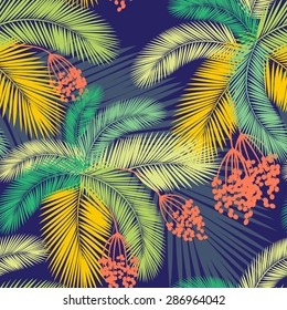 Vector illustration Vector illustration Seamless color palm leaves and fruit pattern