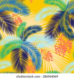 Vector illustration Vector illustration Seamless color palm leaves and fruit pattern