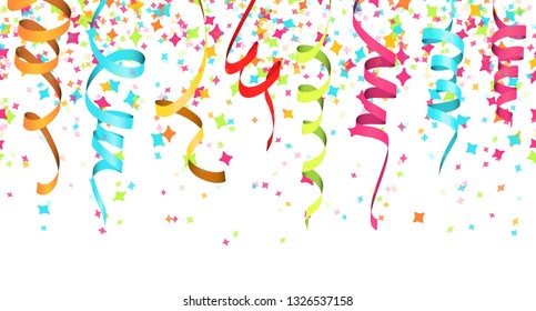 vector illustration of seamless colored confetti and streamers on white background for party or carnival usage