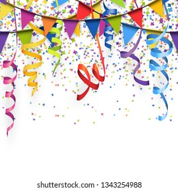 vector illustration of seamless colored confetti, garlands and streamers on white background for party or carnival usage