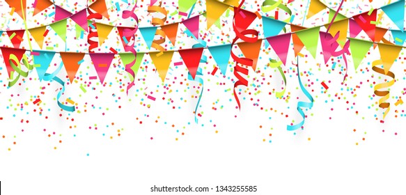 vector illustration of seamless colored confetti, garlands and streamers on white background for party or carnival usage