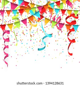 vector illustration of seamless colored confetti, garlands and streamers on white background for party or carnival usage