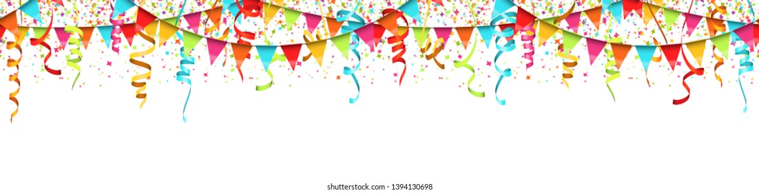 vector illustration of seamless colored confetti, garlands and streamers on white background for party or carnival usage