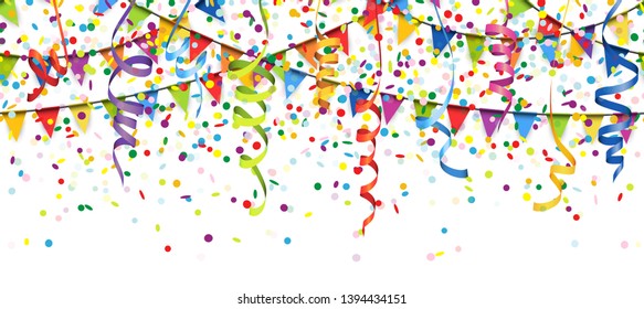 vector illustration of seamless colored confetti, garlands and streamers on white background for party or carnival usage