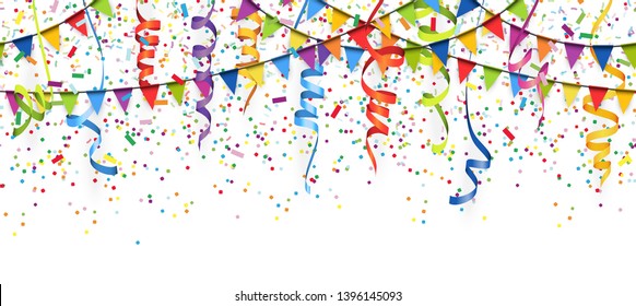 Vector Illustration Of Seamless Colored Confetti, Garlands And Streamers On White Background For Party Or Carnival Usage