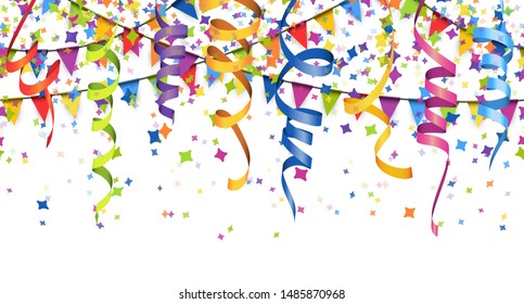 vector illustration of seamless colored confetti, garlands and streamers on white background for party or carnival usage