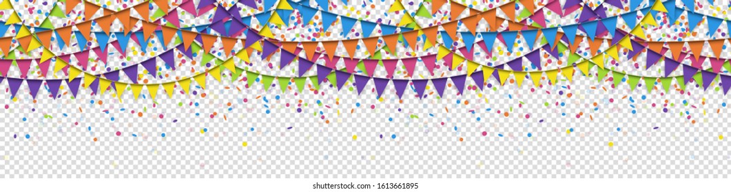 vector illustration of seamless colored confetti and garlands on transparent background (in EPS file) for party or carnival usage