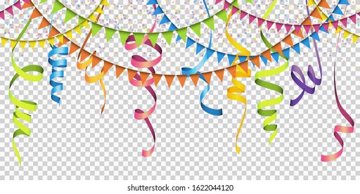 vector illustration of seamless colored confetti, garlands and streamers on transparent background (in EPS file) for party or carnival usage