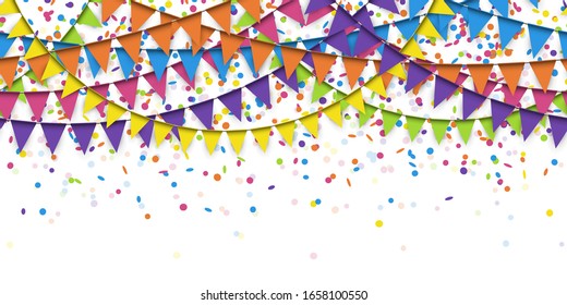 vector illustration of seamless colored confetti and garlands on white background for party or carnival usage
