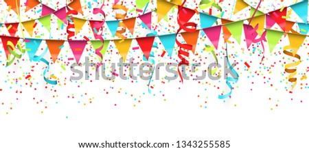 vector illustration of seamless colored confetti, garlands and streamers on white background for party or carnival usage