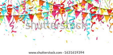 vector illustration of seamless colored confetti, garlands and streamers on white background for party or carnival usage
