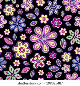 Vector illustration of seamless with colorful abstract flowers on black background.