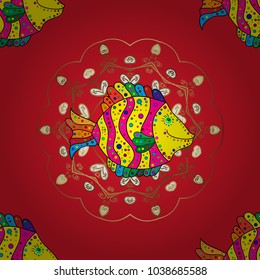 Vector illustration. Seamless colorful background. Fishes on red, yellow and magenta colors. Cute texture fish pattern.