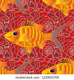 Vector illustration. Seamless colorful background. Fishes in orange, red and yellow colors. Colorful cute texture fish pattern.