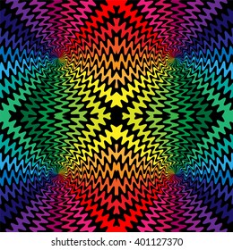 Vector Illustration. Seamless Colorful and Black Wavy Lines Intersect in the Center. The Visual Illusion Of Movement.  Suitable for textile, fabric, packaging and web design.