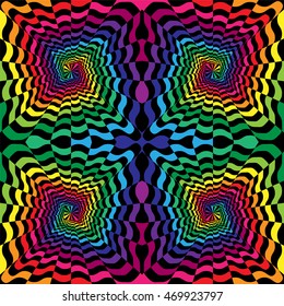 Vector Illustration. Seamless Colorful and Black Wavy Striped Spirals Expanding from the Center. Optical Illusion of Perspective. Suitable for textile, fabric, packaging and web design.