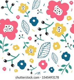 Vector illustration. Seamless colorful floral pattern with wild flowers on white background. Scandinavian style. 