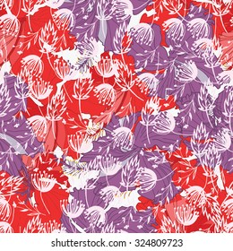 Vector illustration of seamless colorful pattern with hand drawn hibiscus flowers and fennel, leaves