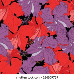 Vector illustration of seamless colorful pattern with hand drawn hibiscus flowers. Black background